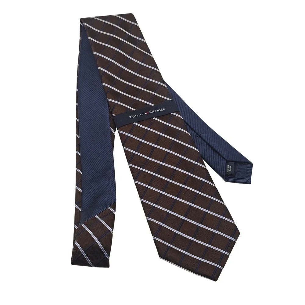 Tommy‎ Hilfiger Silk Tie Brown Blue Grid Classic Business Office Preppy Academia
